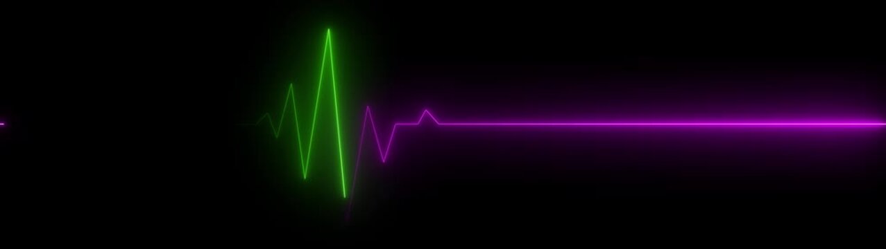 ECG heartbeat line glowing on a deep black background, with sharp pulse peaks and smooth flat segments, symbolizing heart activity, life monitoring, and medical diagnostics in a futuristic