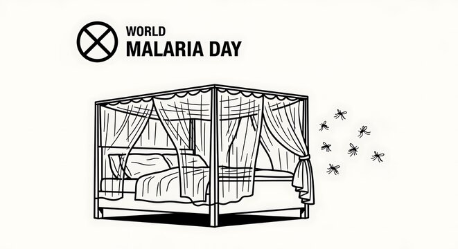 World malaria day illustration of a bed net with mosquitoes flying around isolated on white background