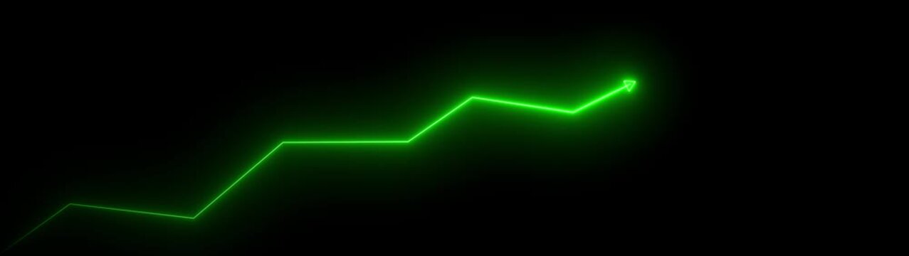 Neon Business chart icon isolated . business chart growth concept black background. Zigzag up right arrow and neon glow line