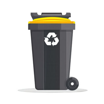 Czarny kontener na odpady z ż&oacute;łtą klapą i białym znakiem recyklingu, ilustracja wektorowa przedstawiająca segregację śmieci i dbanie o naturę.