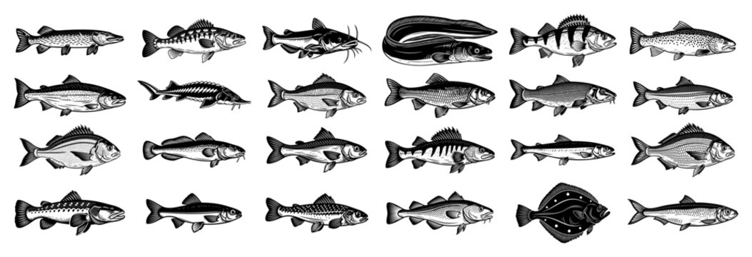 Large collection of diverse freshwater and saltwater fish species in detailed vintage engraving style