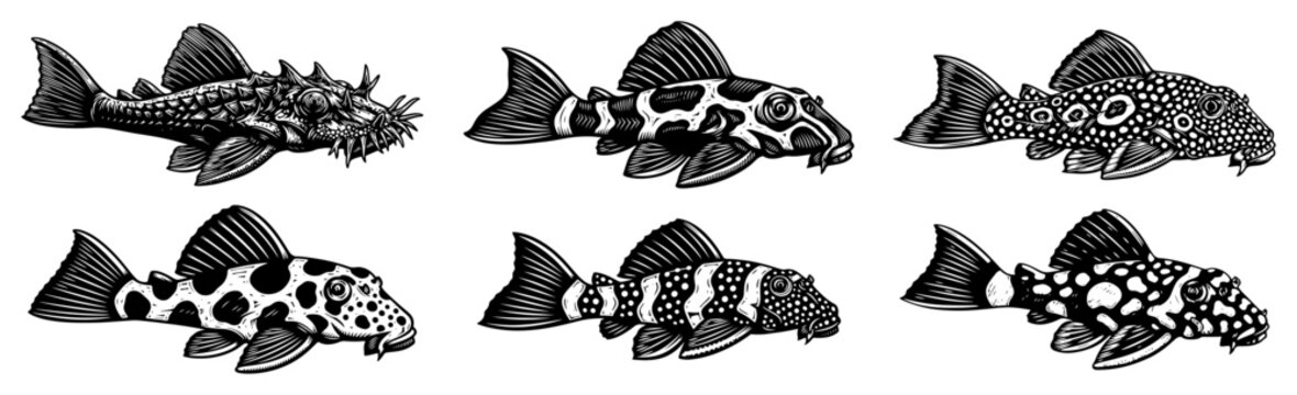 Set of six armored pleco catfish with different patterns in hand drawn style