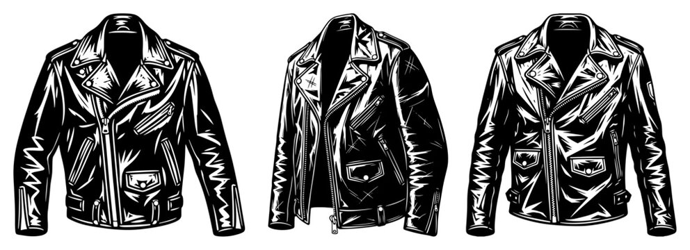 Set of vintage hand drawn leather biker jackets in high contrast woodcut style