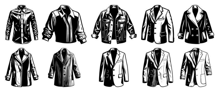 Collection of mens jackets coats and blazers in vintage woodcut illustration style