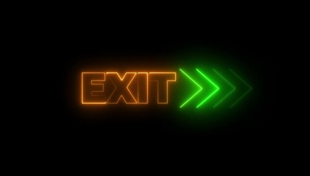Red Glowing EXIT Sign with Directional Arrow Animation on Black Background. Indicate emergency exits or pathways. Neon or LED-style lighting