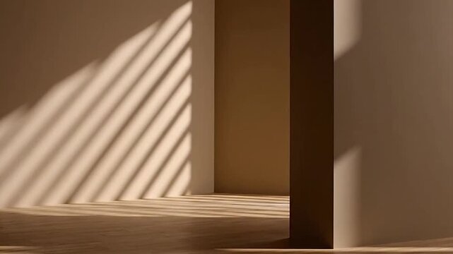 Sunlight streams through a window, casting striped shadows across an empty room.