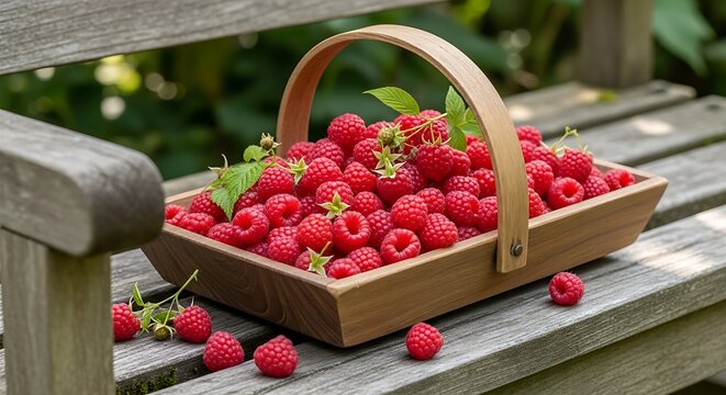 Fresh raspberries in a wooden basket on a rustic garden bench surrounded by greenery