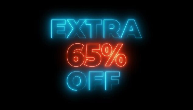 Neon Vertical 3D Extra 65% Off Promo Text Animation &ndash; Blue Background