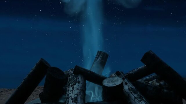 Nighttime Scene of Smoke Rising from a Fire Pit.
