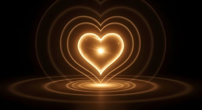 Glowing Golden Heart Symbol on Black Background with Light Ripples - Love and Wellness Concept