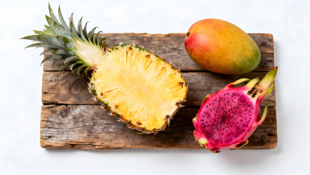 Tropical fruits on wooden board