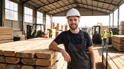 Fototapeta premium Smiling male construction worker standing by a stack of wooden planks in a lumber yard. Happy builder in overalls and safety helmet at a sawmill