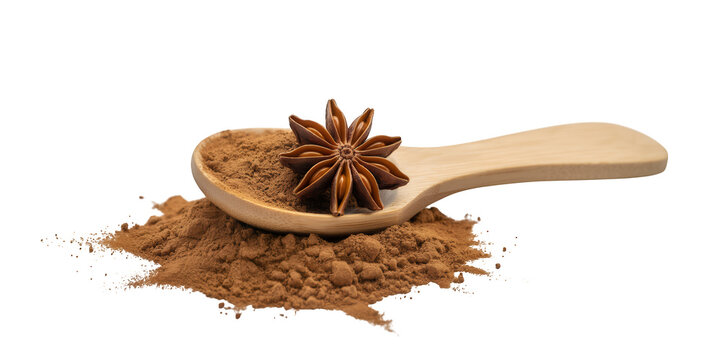 Wooden spoon with cinnamon powder and star anise spice cooking isolated on a transparent background