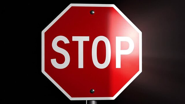 Red Stop Sign Warning Symbol on Black Background with Light Rays