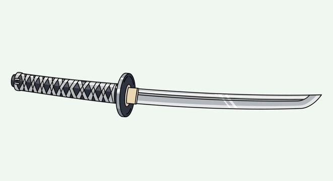 Japanese Katana Sword with Black Handle and Silver Blade on White Background