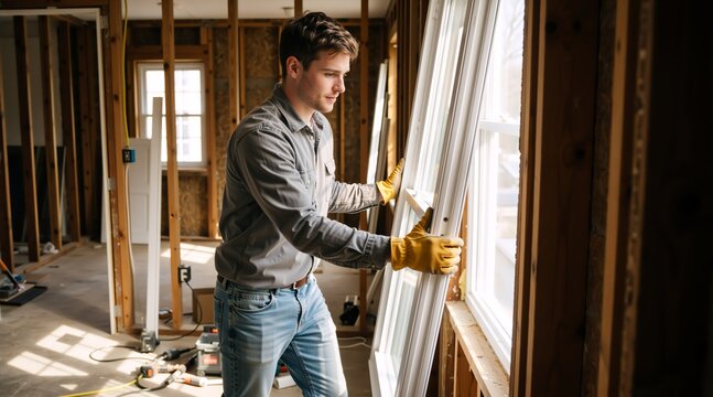 Male carpenter installing a new window in an unfinished house. Young construction worker wearing yellow gloves holding a white window frame. Home renovation and remodeling project