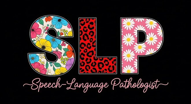 Colorful graphic text "SLP" with floral, leopard print, and daisy patterns on black