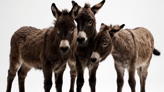 Three Young Donkeys Standing Together Against a White Background