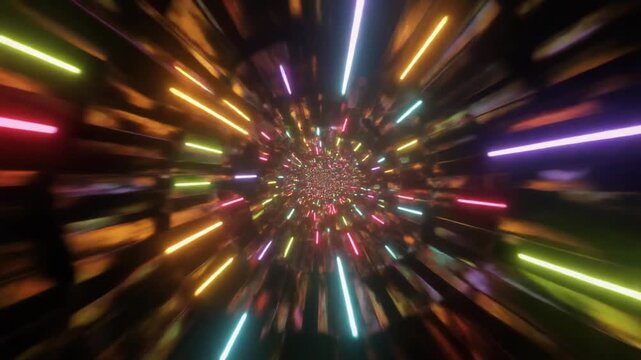 Dynamic colorful neon light streaks zoom through an abstract futuristic tunnel, creating a vibrant digital motion warp background.
