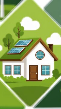 Eco house with solar panels and wind turbines in a green mosaic triptych illustration sustainable living concept showcasing renewable energy and landscaped surroundings