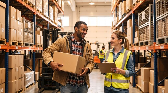 Diverse warehouse workers talking and holding a box and clipboard. Smiling male and female logistics employees in a distribution center. Teamwork and inventory management concept