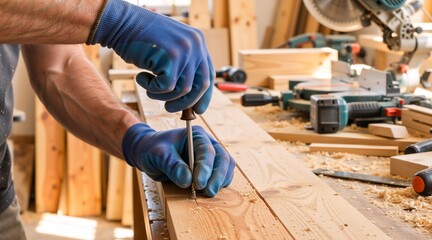 Close up of carpenter hands in blue gloves using a screwdriver on a wooden plank. Man working in a woodworking workshop with tools and sawdust