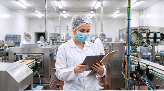 Female quality control inspector in a white lab coat and mask. Industrial worker holding a clipboard in a pharmaceutical factory. Manufacturing plant production line