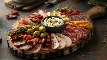 Gourmet charcuterie board filled with a variety of delicious meats cheeses and olives