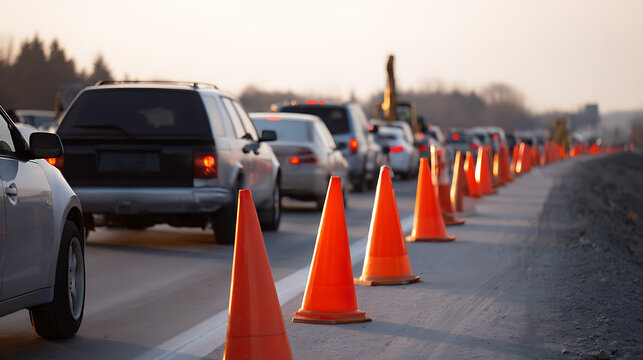Road Closure with Orange Traffic Cones Directing Vehicular Flow on a Sunny Day: Cars queue patiently as construction work progresses, highlighting traffic management and infrastructure development