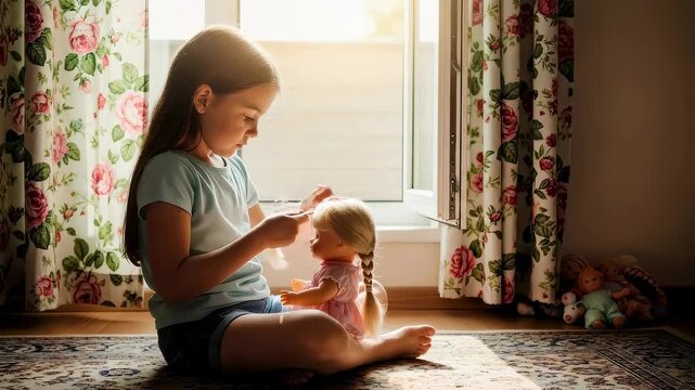 A young caucasian girl playing with a doll on the floor near a sunlit window, brushing its hair in a nurturing childhood activity