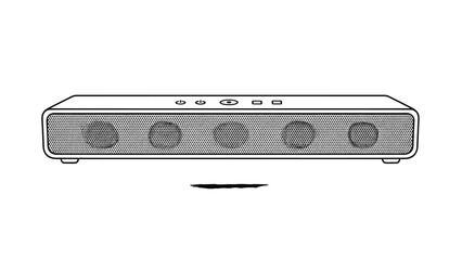 Obraz premium Front view line drawing of a modern soundbar with multiple speakers behind a mesh grille, for an enhanced home theater audio experience.