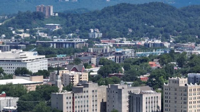 Aerial View of Downtown Chattanooga Tennessee office buildings, streets on summer day