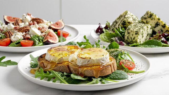 Gourmet Goat Cheese Toast Drizzled With Honey Served With Fresh Salad and Figs
