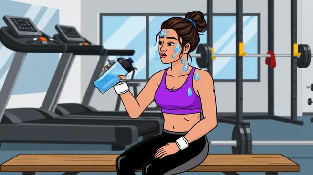 Animated woman resting after workout hydrating with water in gym cartoon style with treadmills and weightlifting equipment