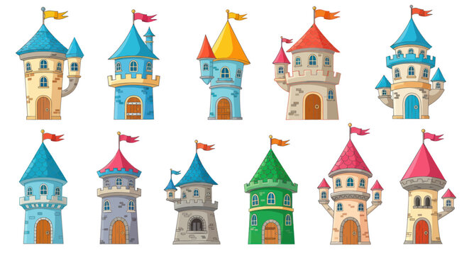 Collection of colorful cartoon fairytale castle towers with flags, fantasy architecture