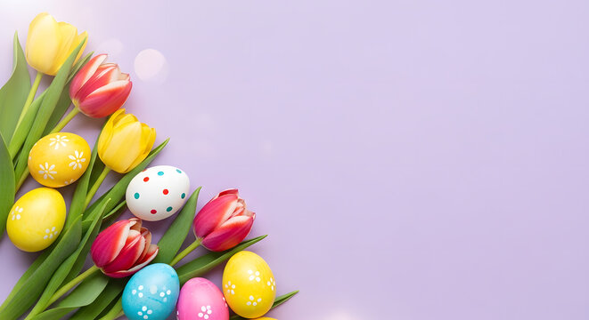 Easter celebration with colorful tulips and decorative easter eggs on light purple background