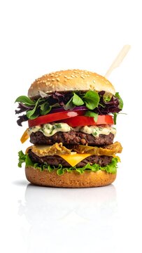 A tall, appetizing hamburger on a white background. It has sesame seed bun, two patties, cheese, tomato, lettuce, and red onion, all held by a wooden skewer