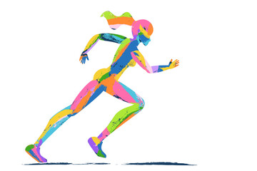 Vector multicolor running woman silhouette. Female athlete watercolor illustration. City marathon outdoor sport concept