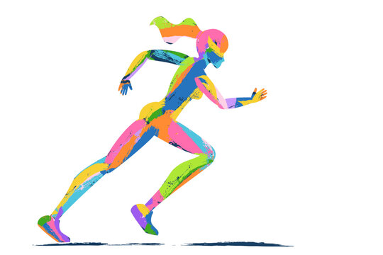 Vector multicolor running woman silhouette. Female athlete watercolor illustration. City marathon outdoor sport concept
