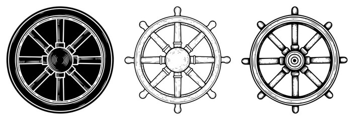 Collection of wooden cart wheel and nautical helm and dharma wheel in woodcut style © Tomas