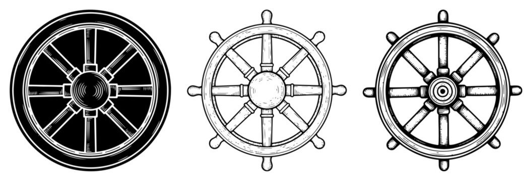 Collection of wooden cart wheel and nautical helm and dharma wheel in woodcut style