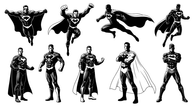 Superhero Poses Collection: Dynamic Action Figures, Comic Book Style, Black and White
