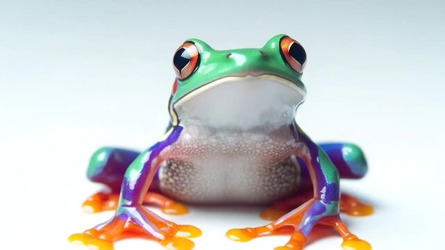 A detailed view of a frog sitting on a clean white background