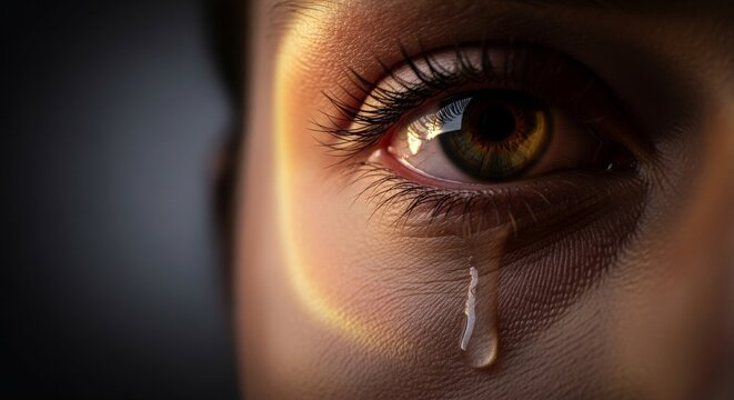 Closeup of a human eye with a tear rolling down the cheek.