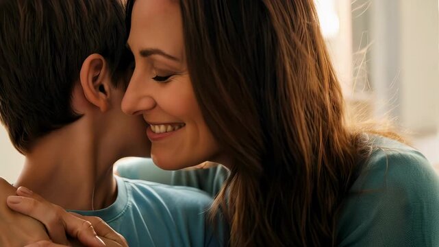 A woman and boy lovingly touch foreheads and smile, sharing a tender moment of affection and connection