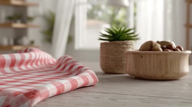A red and white checkered tablecloth draped over a wooden table in a bright