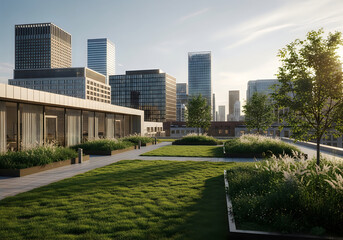 Modern rooftop garden with city skyline view at sunset