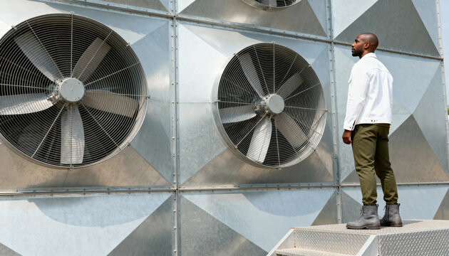 A man inspects an industrial direct air capture (DAC) facility with large fans. Engineer observing carbon capture technology. Climate change solution and green energy concept