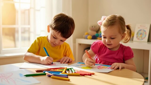 Boy and girl drawing slowly with colorful crayons on paper at table in a sunny room, children playing and learning creativity