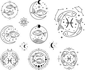 Fototapeta premium Pisces Zodiac Sign Icon Set with Celestial Moons Stars Constellations and Mystical Fish Symbols for Astrology Horoscopes Esoteric Designs and Spiritual Graphic Projects